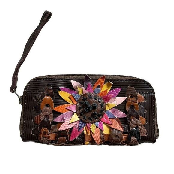 NWT Octopus Handbags Handmade Brown Leather Hippie Boho Floral Wristlet Wallet - Picture 1 of 5